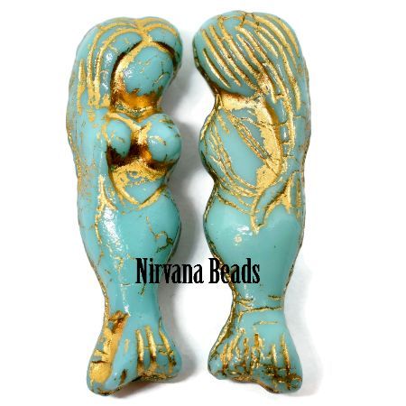 Czech Glass Mermaid Bead - Sea Green with Gold - each