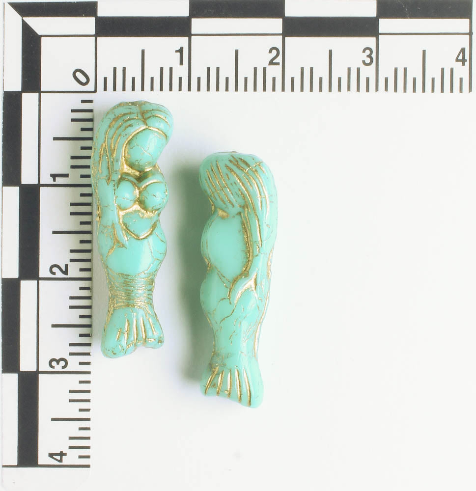 Czech Glass Mermaid Bead - Sea Green with Gold - each