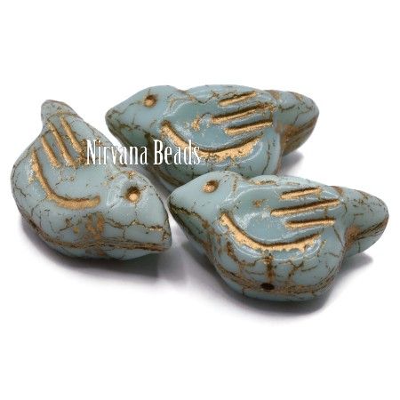 Czech Glass Bird Bead - Tea Green with a Gold Wash - each