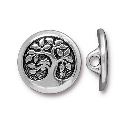 Bird in Tree Button - Antique Silver