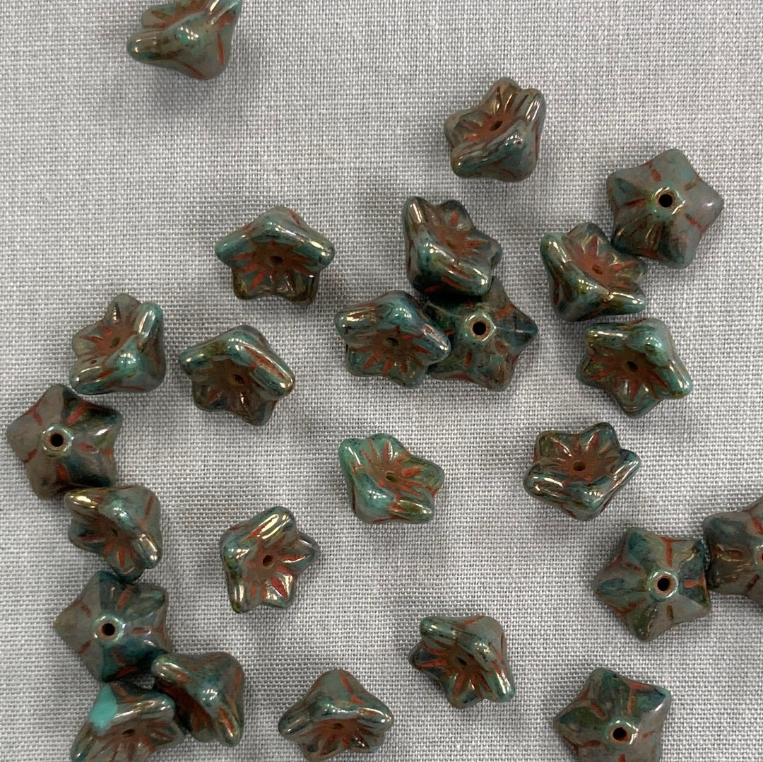 5x8mm Bell Flowers - Sea Green with Bronze - qty 25